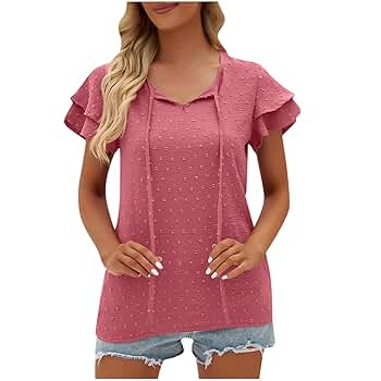 Womens Summer V Neck Tops Ruffle Short Sleeve Blouse Swiss